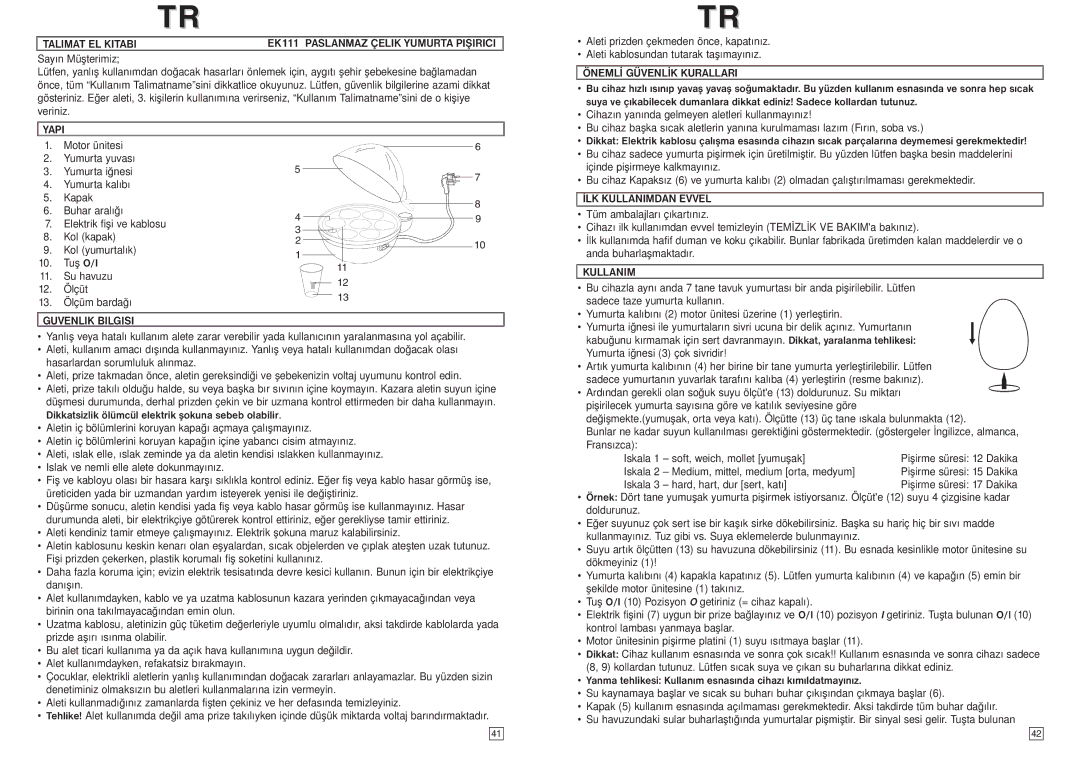 Elta instruction manual Talimat EL Kitabi EK111 Paslanmaz Çelik Yumurta Pişirici 