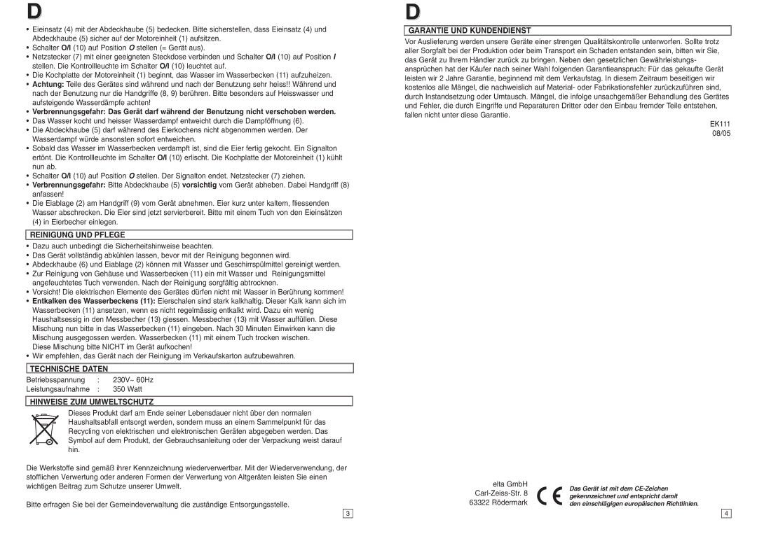 Elta EK111 instruction manual Reinigung UND Pflege, Technische Daten, Hinweise ZUM Umweltschutz, Garantie UND Kundendienst 