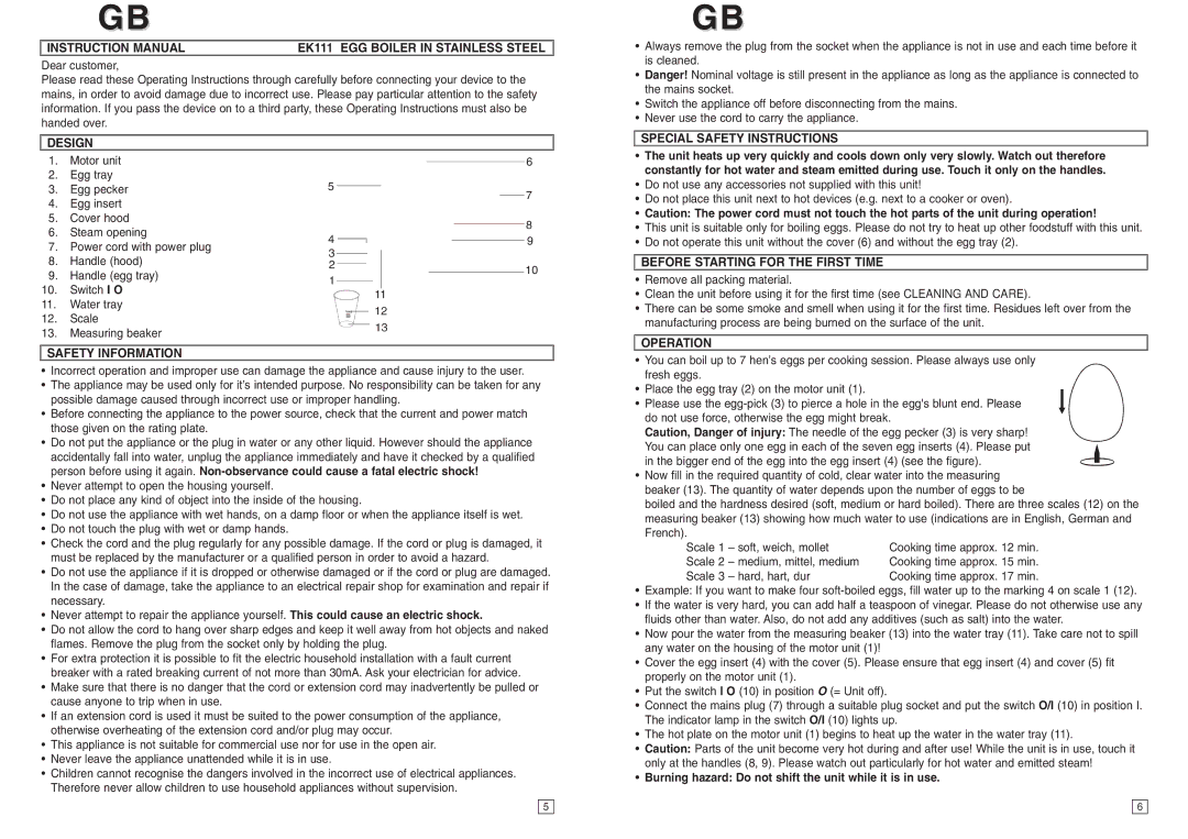 Elta EK111 EGG Boiler in Stainless Steel, Design, Safety Information, Special Safety Instructions, Operation 