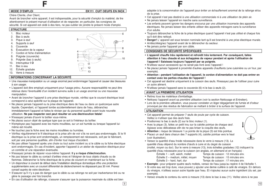 Elta Mode D’EMPLOI EK111 Cuit Oeufs EN Inox, Structure, Informations Concernant LA Sécurité, Utilisation 