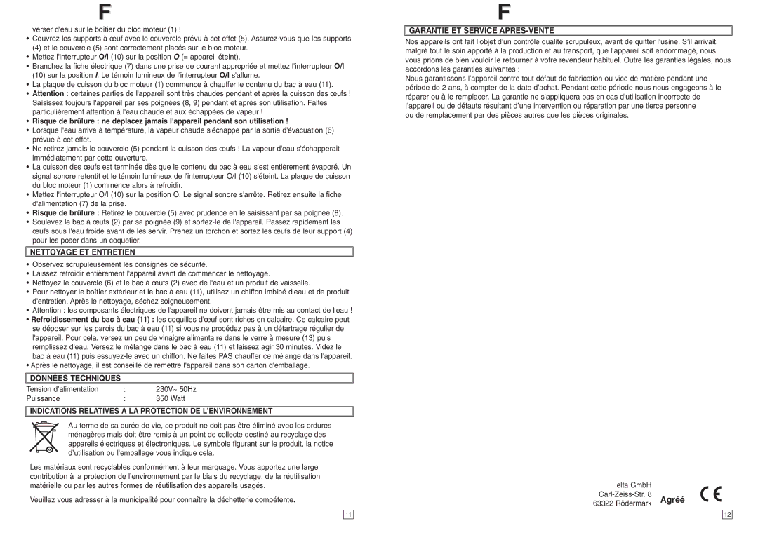 Elta EK111 Nettoyage ET Entretien, Données Techniques, Indications Relatives À LA Protection DE L’ENVIRONNEMENT 