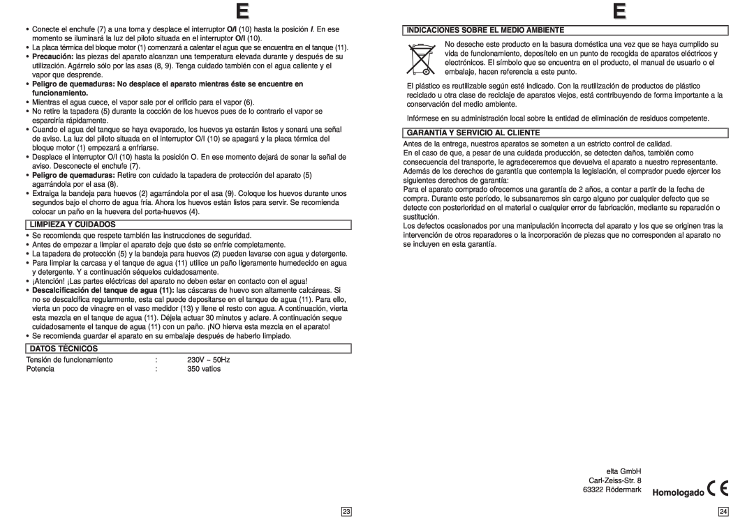 Elta EK111 Limpieza Y Cuidados, Datos Técnicos, Indicaciones Sobre El Medio Ambiente, Garantía Y Servicio Al Cliente 