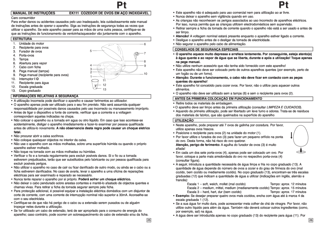 Elta PtPt, Manual De Instruções, EK111 COZEDOR DE OVOS EM AÇO INOXIDÁVEL, Estrutura, Informações Relativas À Segurança 