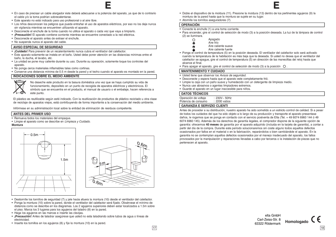 Elta Electrical Fan Heater Aviso Especial DE Seguridad, Indicaciones Sobre EL Medio Ambiente, Antes DEL Primer USO 