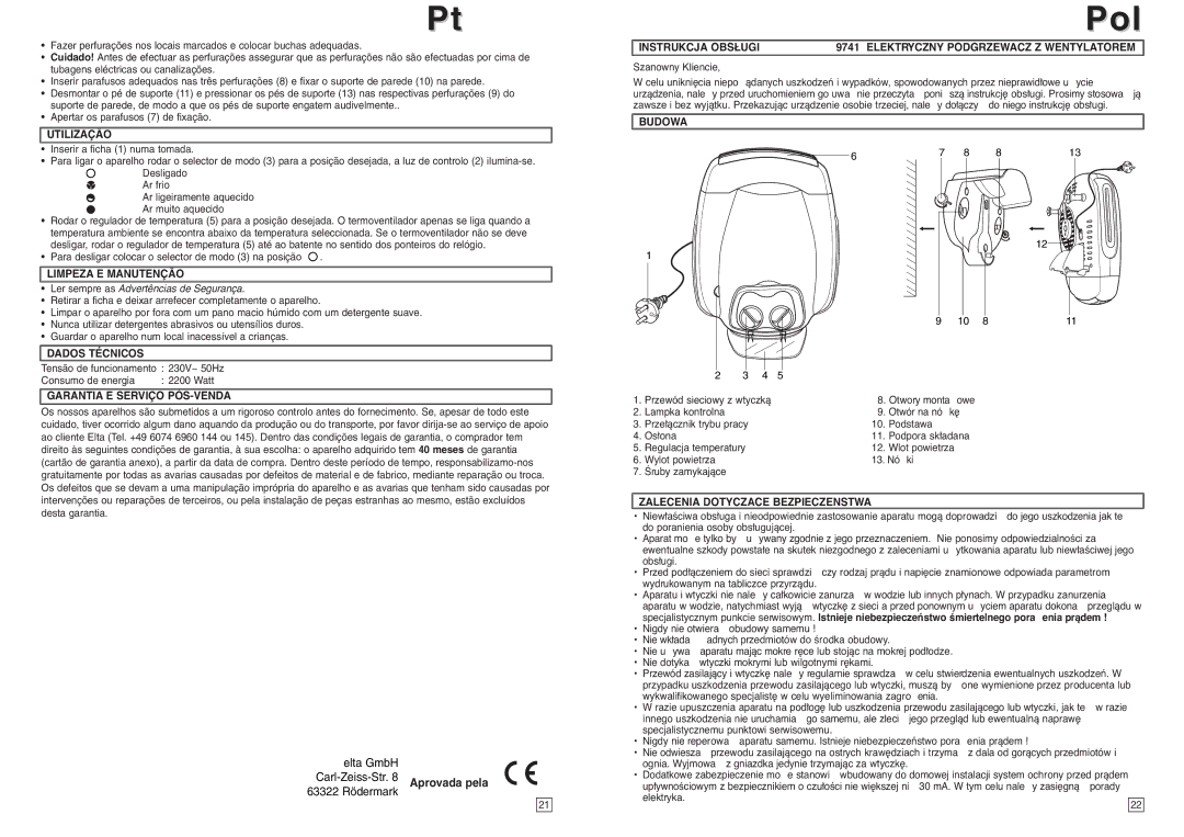 Elta Electrical Fan Heater instruction manual Elta GmbH Carl-Zeiss-Str Aprovada pela 63322 Rödermark, Budowa 