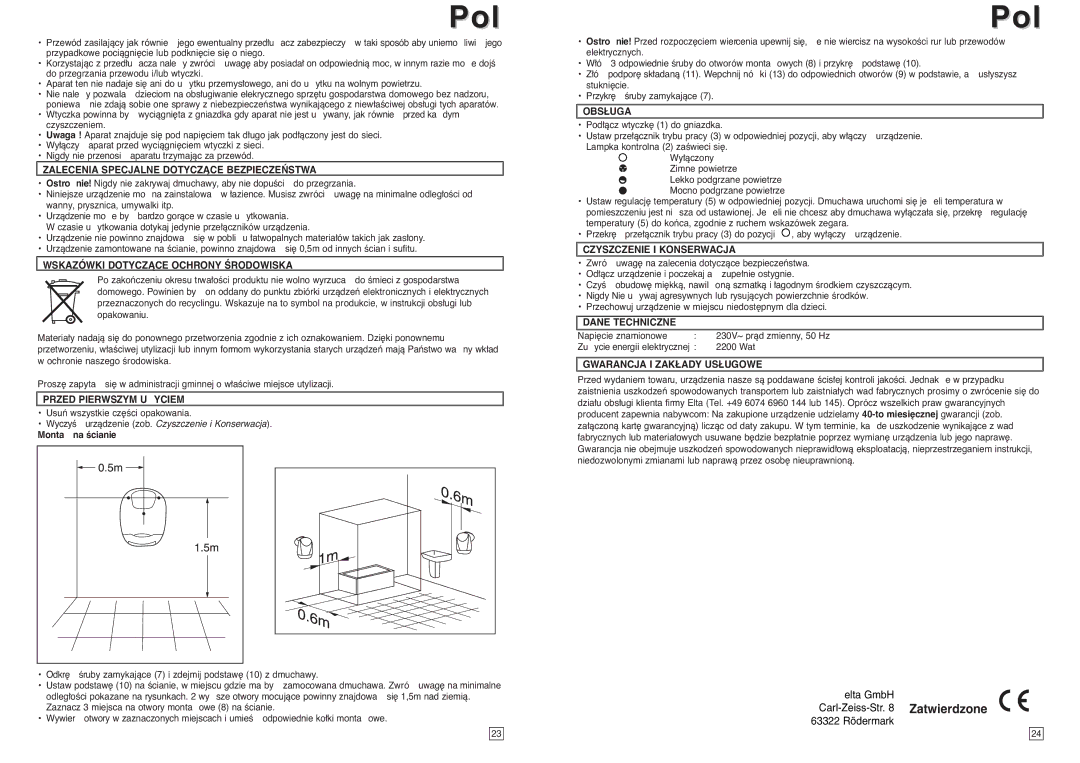 Elta Electrical Fan Heater instruction manual Elta GmbH Carl-Zeiss-Str Zatwierdzone 63322 Rödermark 