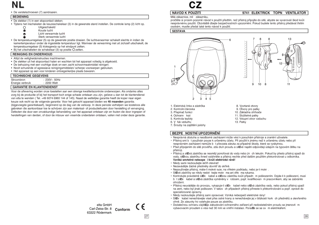 Elta Electrical Fan Heater instruction manual Elta GmbH Carl-Zeiss-Str Conform 63322 Rödermark, Sestava 