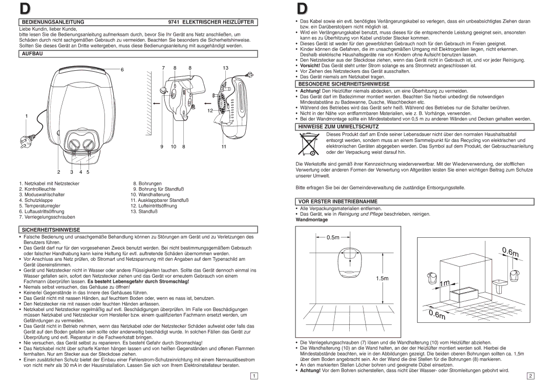 Elta Electrical Fan Heater Bedienungsanleitung Elektrischer Heizlüfter, Aufbau, Besondere Sicherheitshinweise 