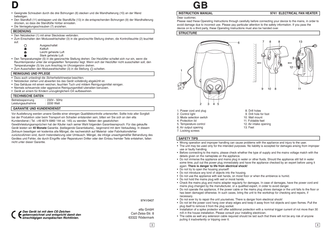 Elta Electrical Fan Heater instruction manual Elta GmbH Carl-Zeiss-Str 63322 Rödermark 