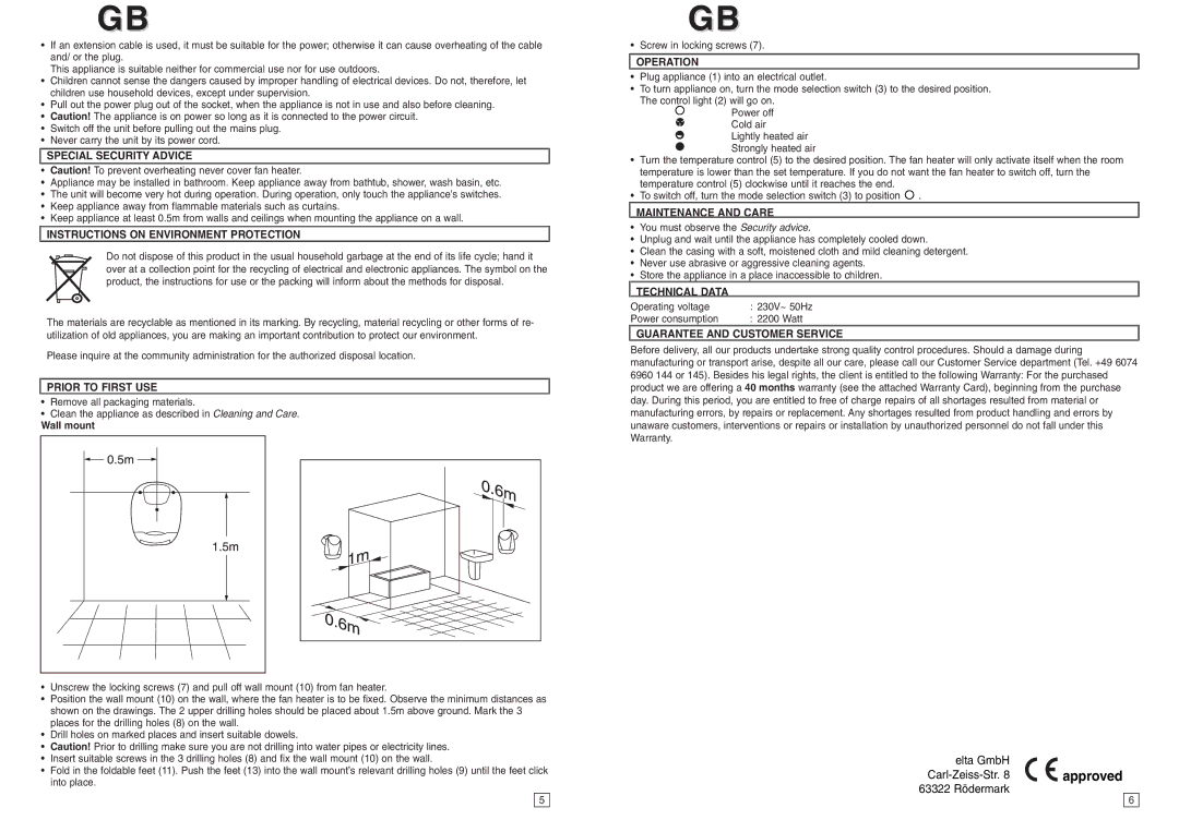 Elta Electrical Fan Heater instruction manual Elta GmbH Carl-Zeiss-Str, 63322 Rödermark 