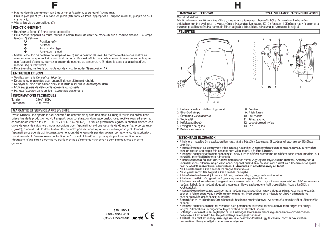 Elta Electrical Fan Heater Elta GmbH Carl-Zeiss-Str 63322 Rödermark Agréé, Használati Utasítás Villamos Fùtãventilátor 