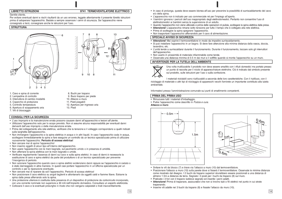 Elta Electrical Fan Heater Libretto Istruzioni Termoventilatore Elettrico, Struttura, Speciale Avviso DI Sicurezza 