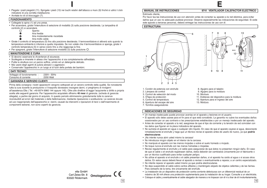 Elta Electrical Fan Heater instruction manual Elta GmbH Carl-Zeiss-Str Omologazione 63322 Rödermark 