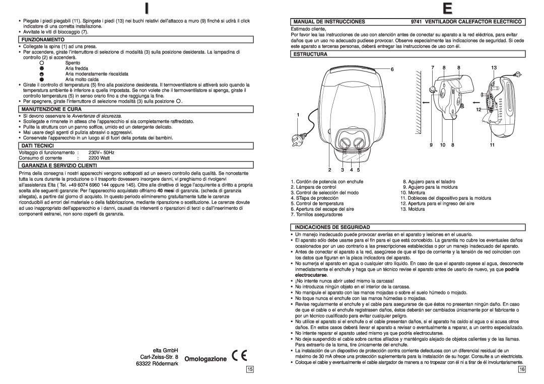 Elta Electrical Fan Heater elta GmbH, Carl-Zeiss-Str.8 Omologazione 63322 Rödermark, Funzionamento, Estructura 