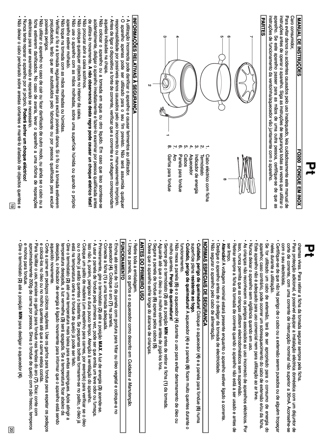 Elta Manual De Instruções, FO200 FONDUE EM INOX, Partes, Informações Relativas À Segurança, Antes Do Primeiro Uso 