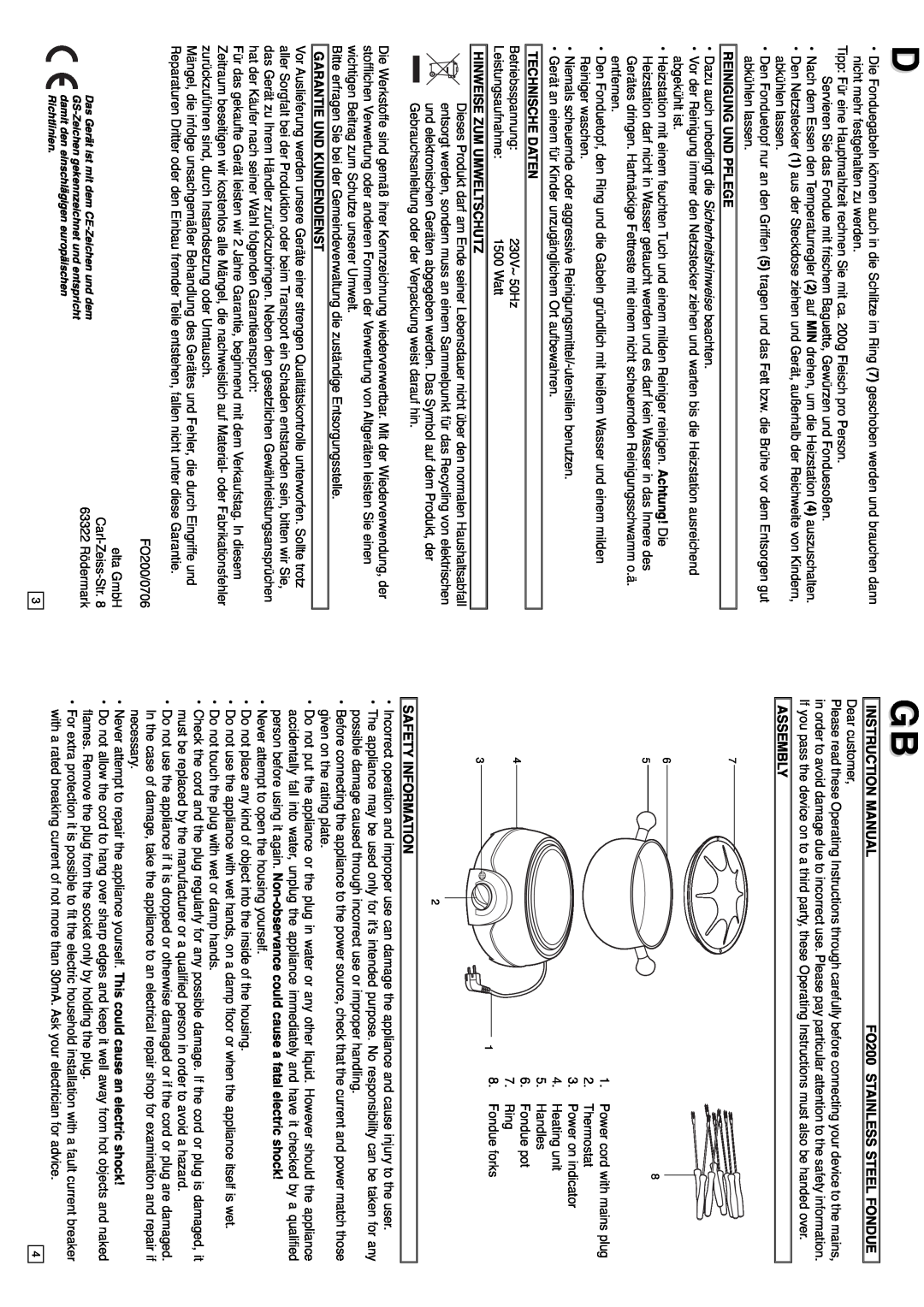 Elta Instruction Manual, FO200 STAINLESS STEEL FONDUE, Reinigung Und Pflege, Technische Daten, Assembly 