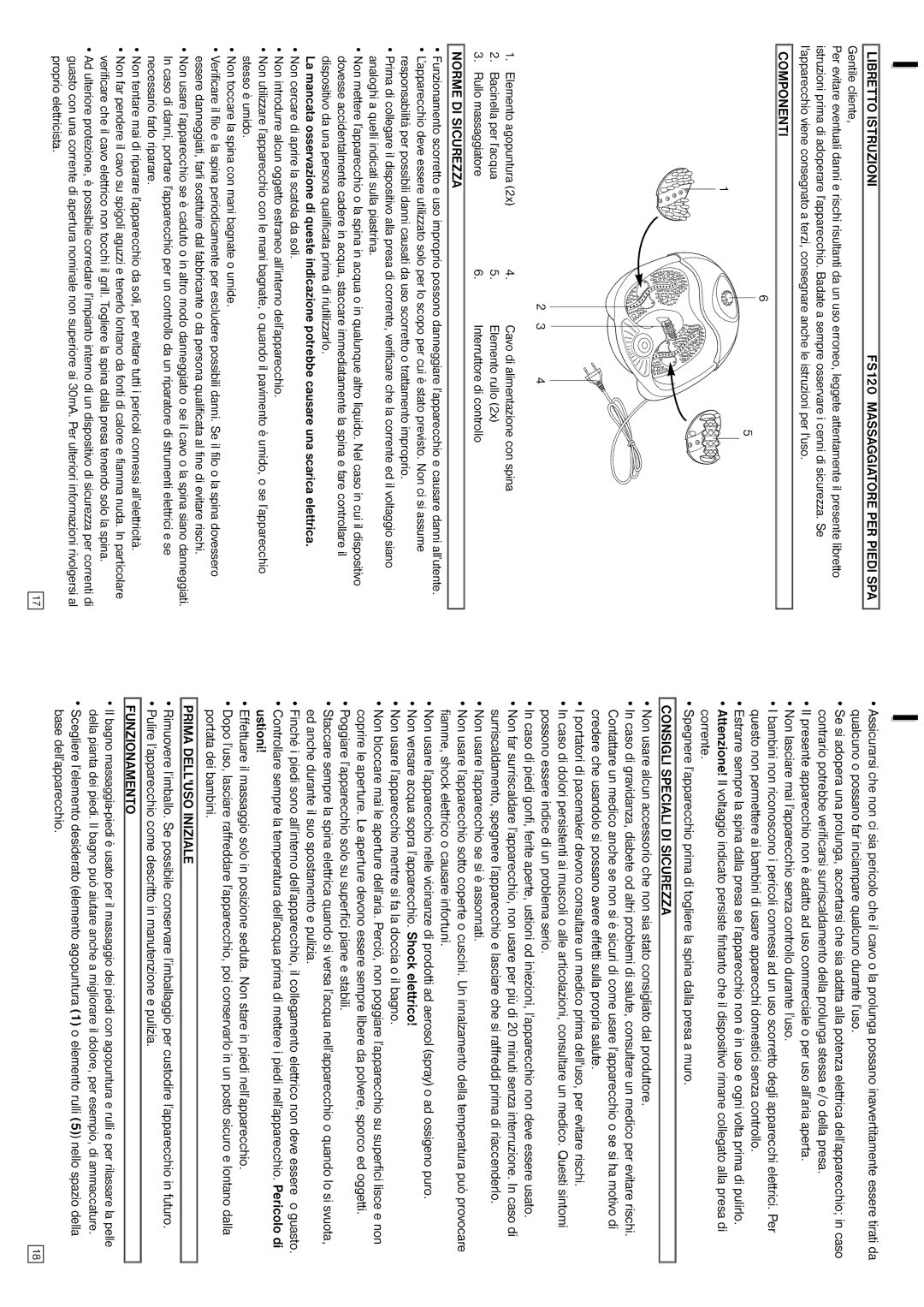 Elta Libretto Istruzioni FS120 Massaggiatore PER Piedi SPA, Componenti, Norme DI Sicurezza, Prima Delluso Iniziale 