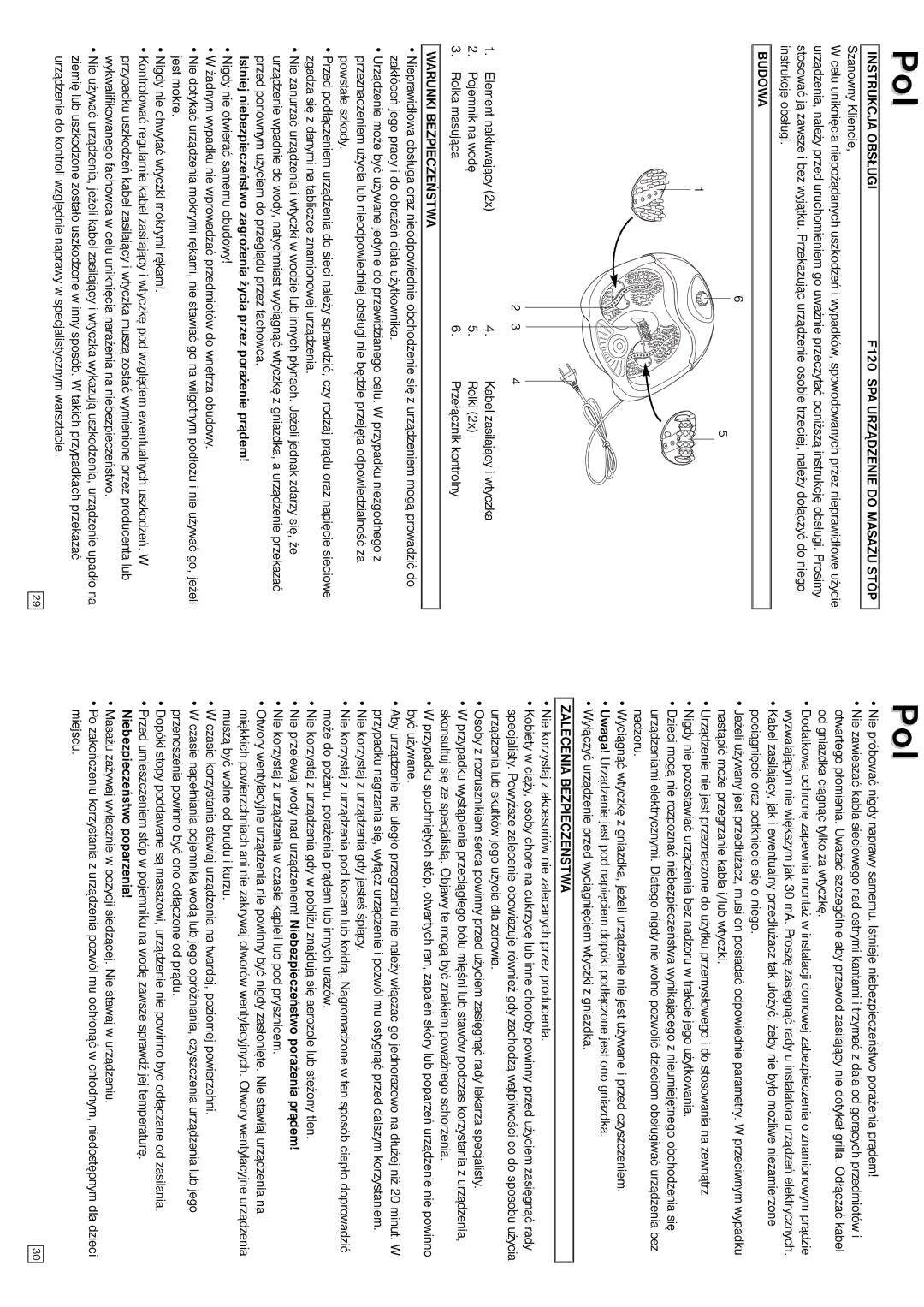 Elta FS120 Instrukcja Obsługi F120 SPA Urządzenie do Masażu Stóp, Budowa, Warunki Bezpieczeństwa, Zalecenia Bezpieczeństwa 