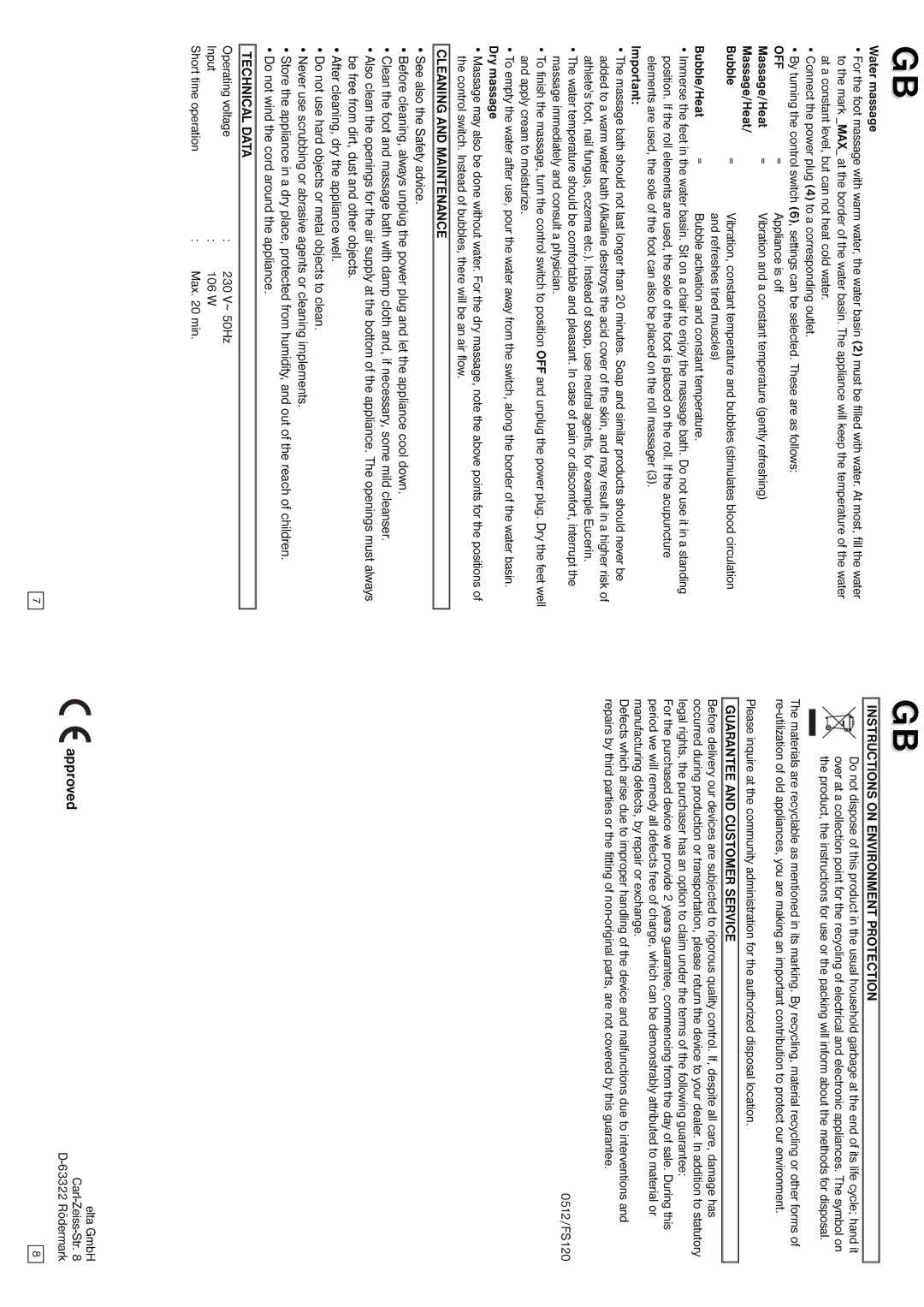 Elta FS120 instruction manual Off, Cleaning and Maintenance, Technical Data, Instructions on Environment Protection 