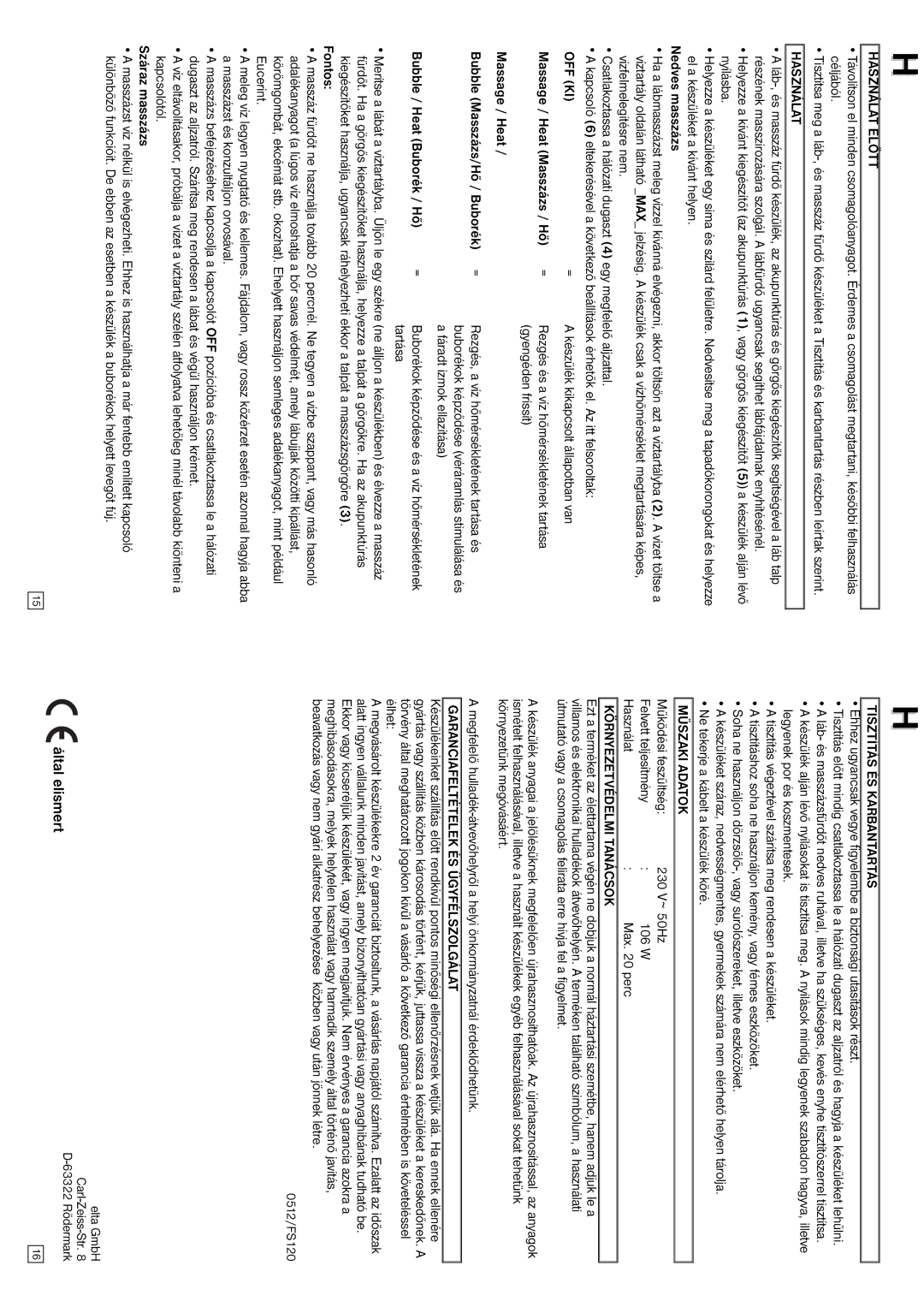 Elta FS120 instruction manual Használat Előtt, Off Ki, Tisztítás ÉS Karbantartás, Műszaki Adatok, Környezetvédelmi Tanácsok 