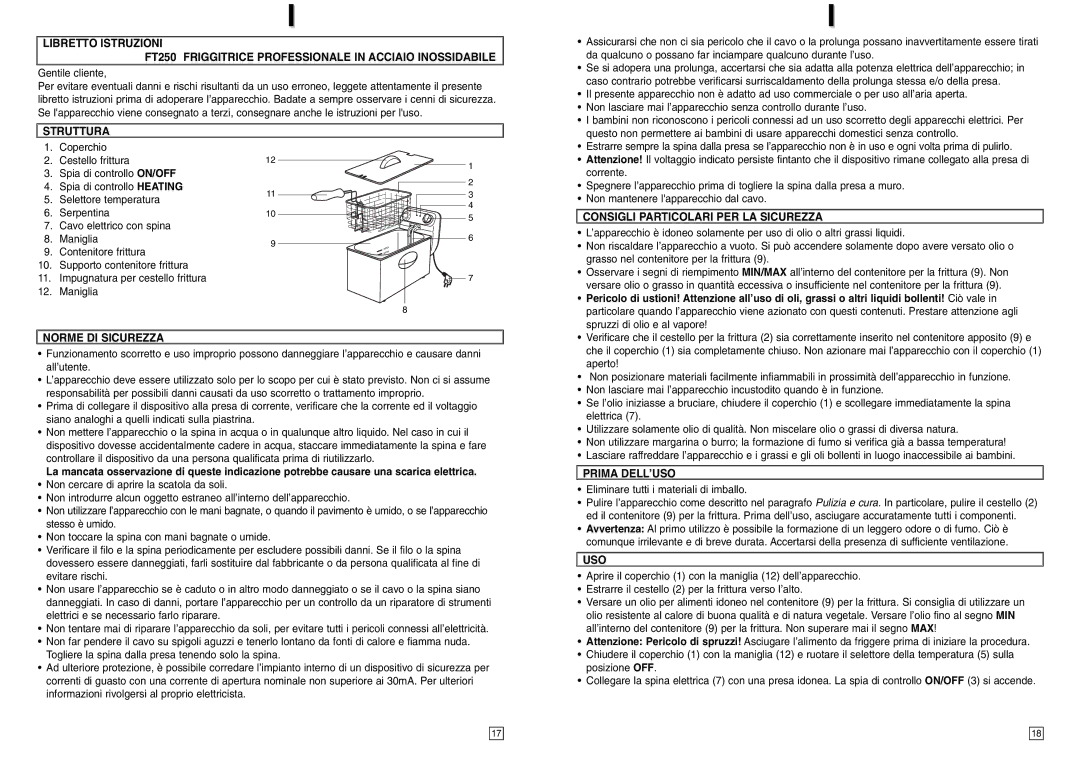 Elta FT250 instruction manual Struttura, Consigli Particolari PER LA Sicurezza, Norme DI Sicurezza, Prima DELL’USO, Uso 