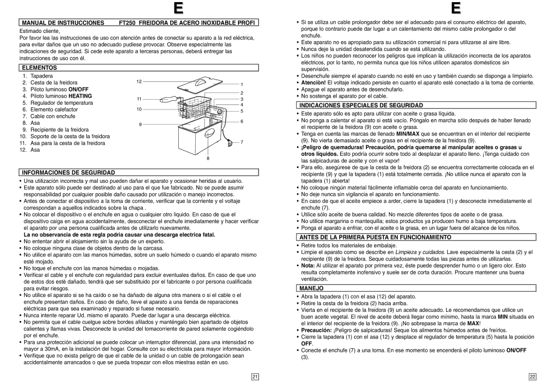 Elta FT250 instruction manual Elementos, Indicaciones Especiales DE Seguridad, Informaciones DE Seguridad, Manejo 