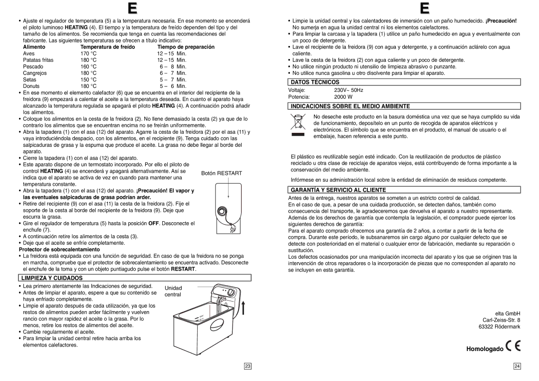 Elta FT250 instruction manual Homologado, Limpieza Y Cuidados, Datos Técnicos, Indicaciones Sobre EL Medio Ambiente 