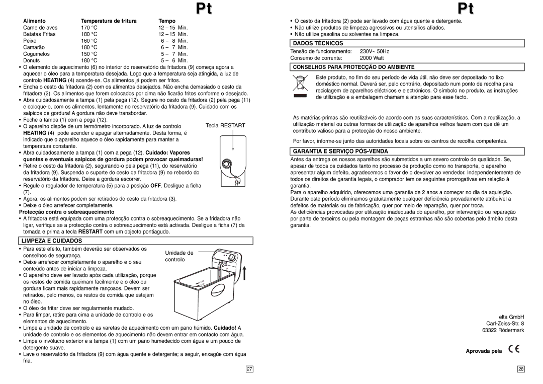 Elta FT250 Limpeza E Cuidados, Dados Técnicos, Conselhos Para Protecção do Ambiente, Garantia E Serviço PÓS-VENDA 