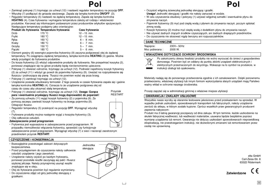 Elta FT250 instruction manual Czyszczenie I Konserwacja, Dane Techniczne, Wskazówki Dotyczñce Ochrony Ârodowiska 