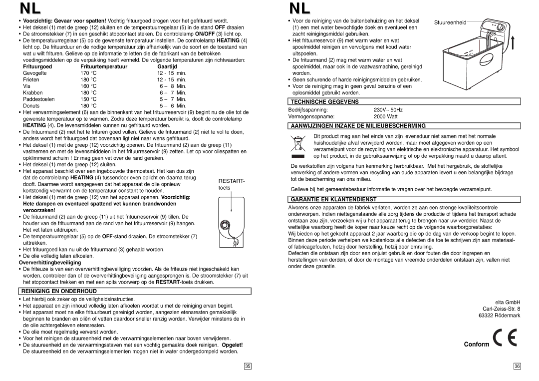 Elta FT250 Conform, Technische Gegevens, Aanwijzingen Inzake DE Milieubescherming, Reiniging EN Onderhoud 