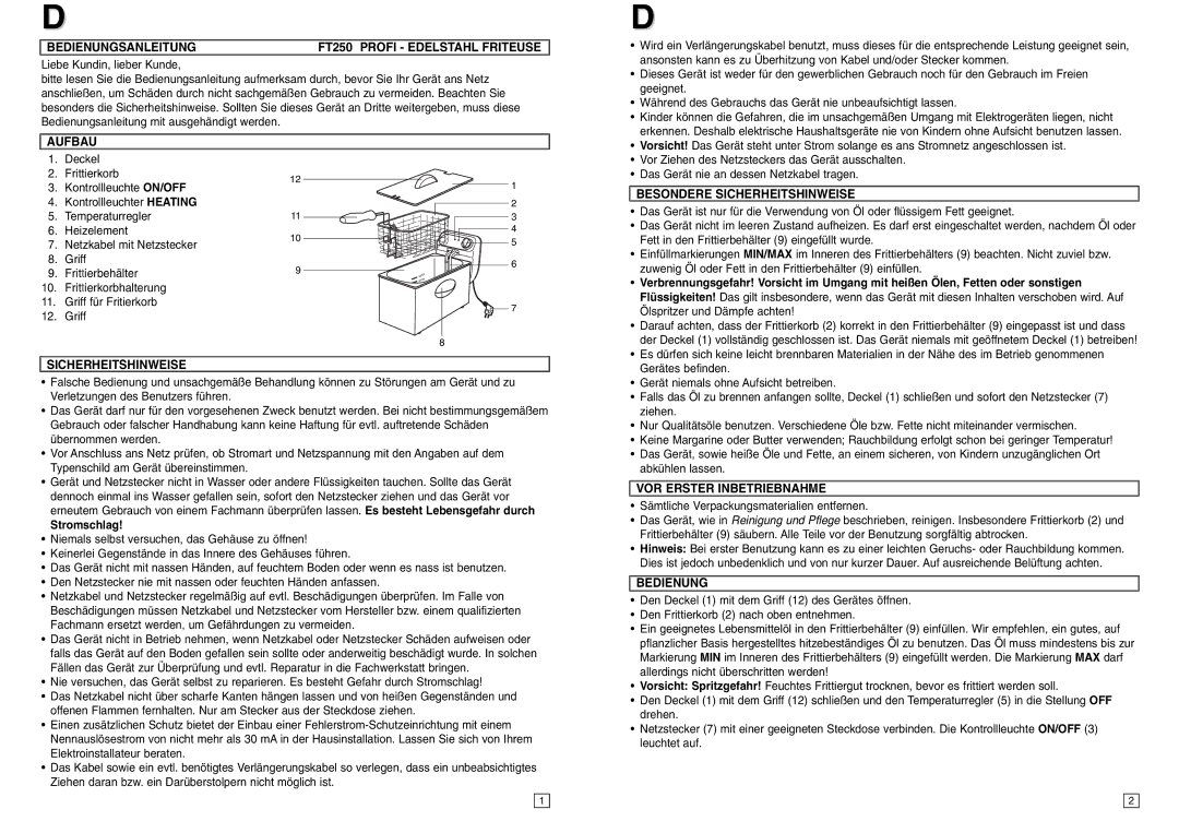 Elta instruction manual Bedienungsanleitung FT250 Profi Edelstahl Friteuse, Aufbau, Besondere Sicherheitshinweise 