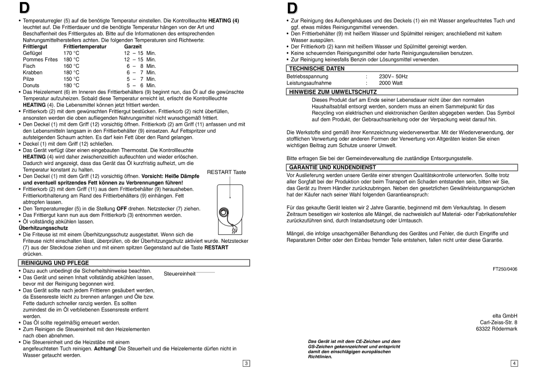 Elta FT250 instruction manual Reinigung UND Pflege, Technische Daten, Hinweise ZUM Umweltschutz, Garantie UND Kundendienst 