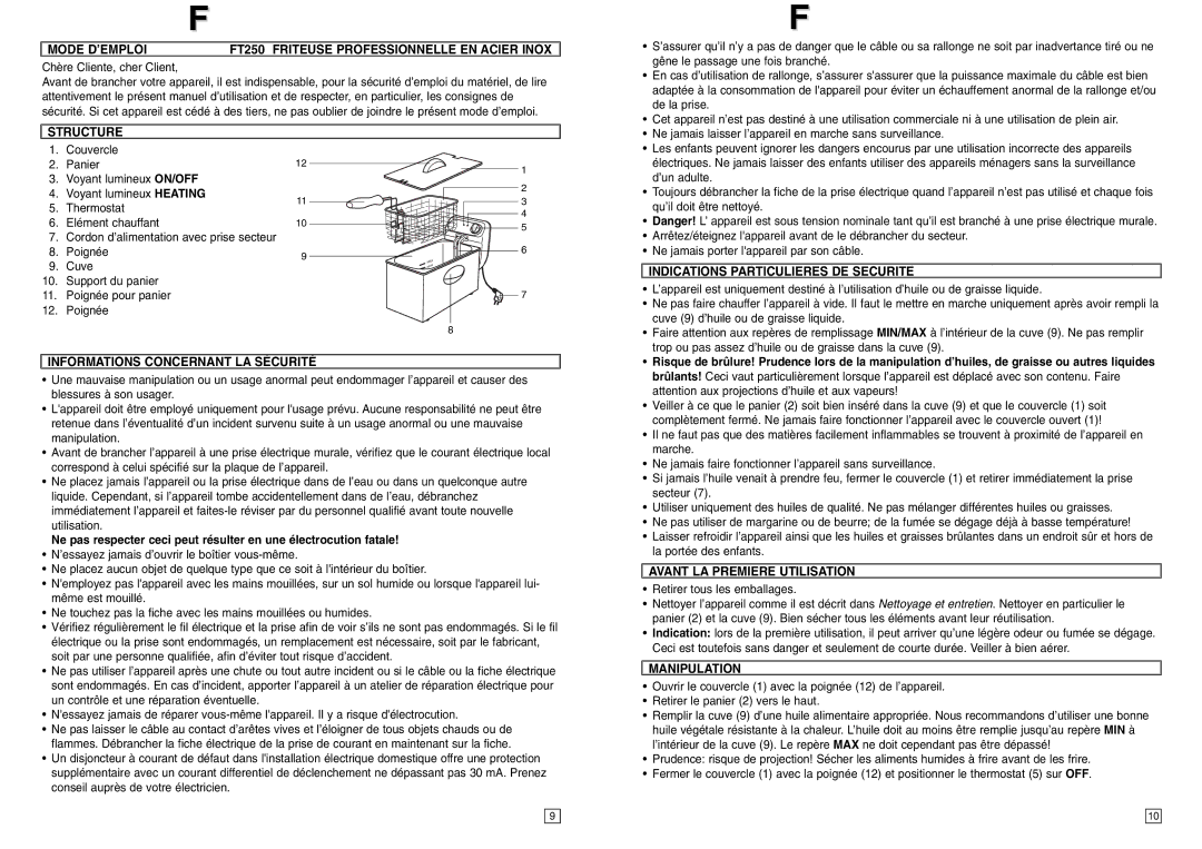 Elta Mode D’EMPLOI FT250 Friteuse Professionnelle EN Acier Inox, Structure, Indications Particulieres DE Securite 