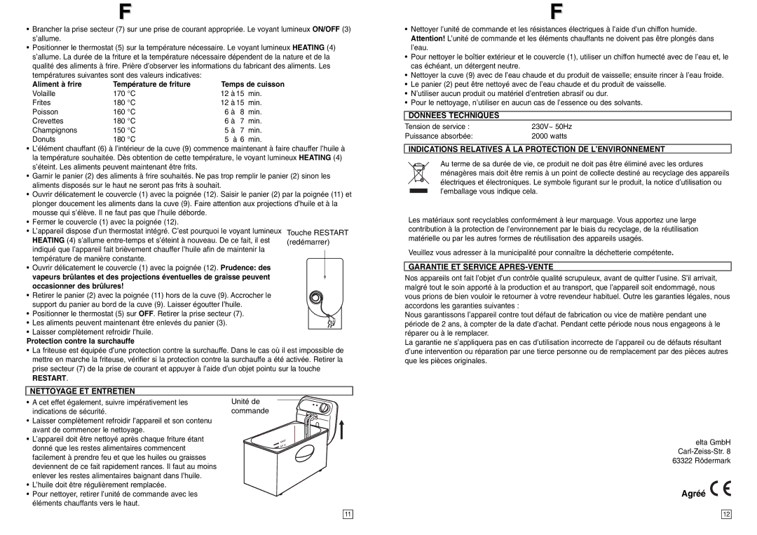 Elta FT250 instruction manual Agréé, Restart Nettoyage ET Entretien, Donnees Techniques, Garantie ET Service APRES-VENTE 