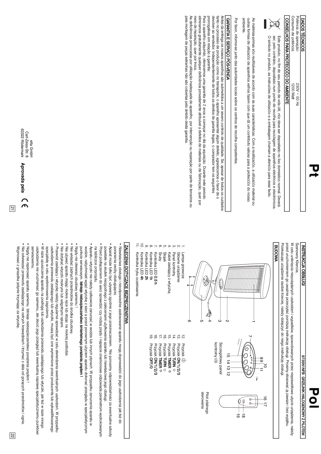 Elta Halogen Lamp instruction manual Dados Técnicos, Conselhos Para Protecćčo do Ambiente, Instrukcja Obsługi, Budowa 