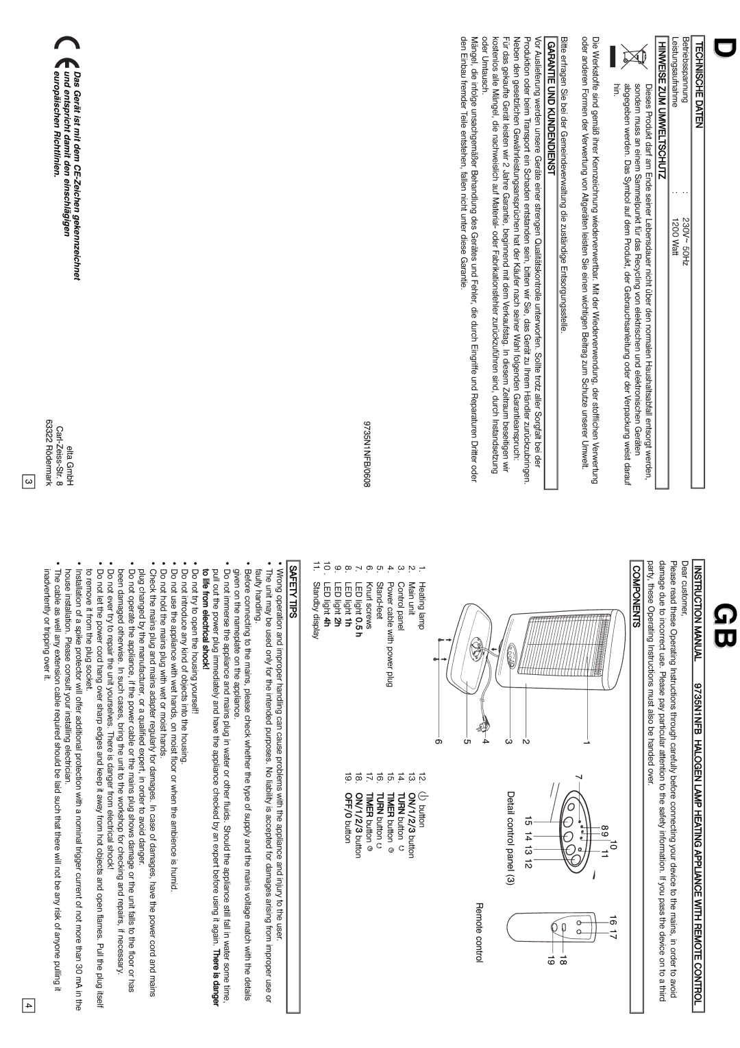 Elta Halogen Lamp instruction manual Technische Daten, Garantie UND Kundendienst, Components, Safety Tips 