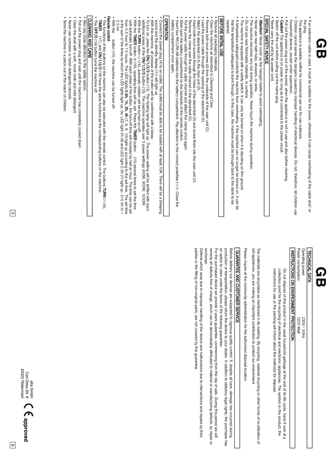 Elta Halogen Lamp Special Safety Advice, Before Initial USE, Operation, Cleaning and Care, Technical Data 