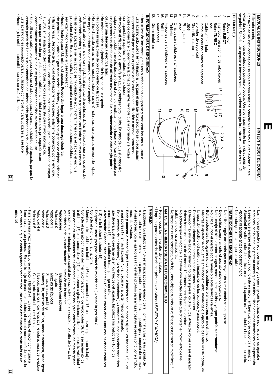 Elta Manual DE Instrucciones HM120N Robot DE Cocina, Elementos, Informaciones DE Seguridad, Instrucciones DE Seguridad 