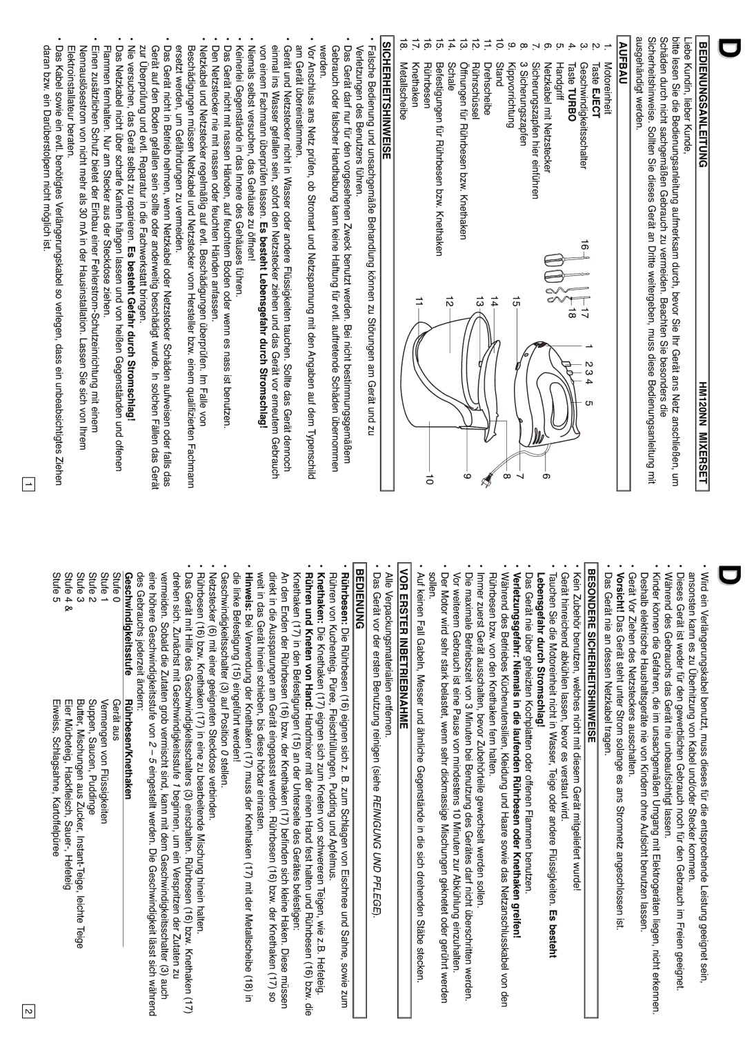 Elta HM120N instruction manual Bedienungsanleitung, Aufbau, Sicherheitshinweise, VOR Erster Inbetriebnahme 