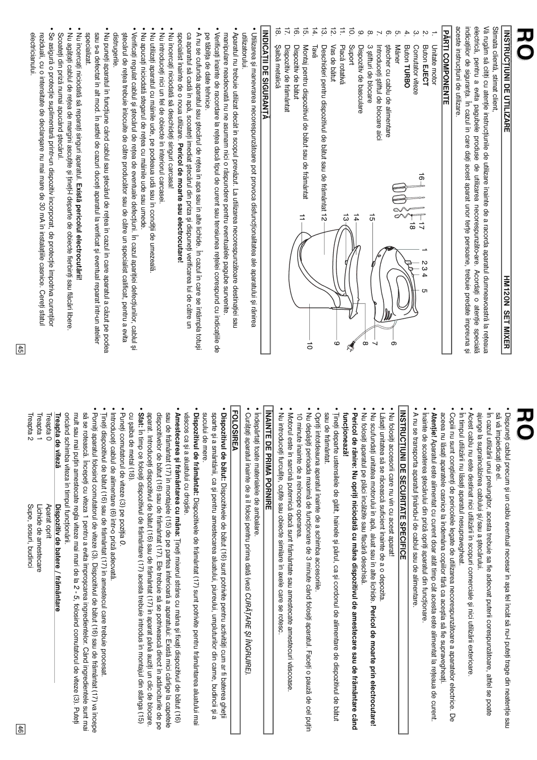 Elta Instrucţiuni DE Utilizare HM120N SET Mixer, Părţi Componente, Indicaţii DE Siguranţă, Înainte DE Prima Pornire 