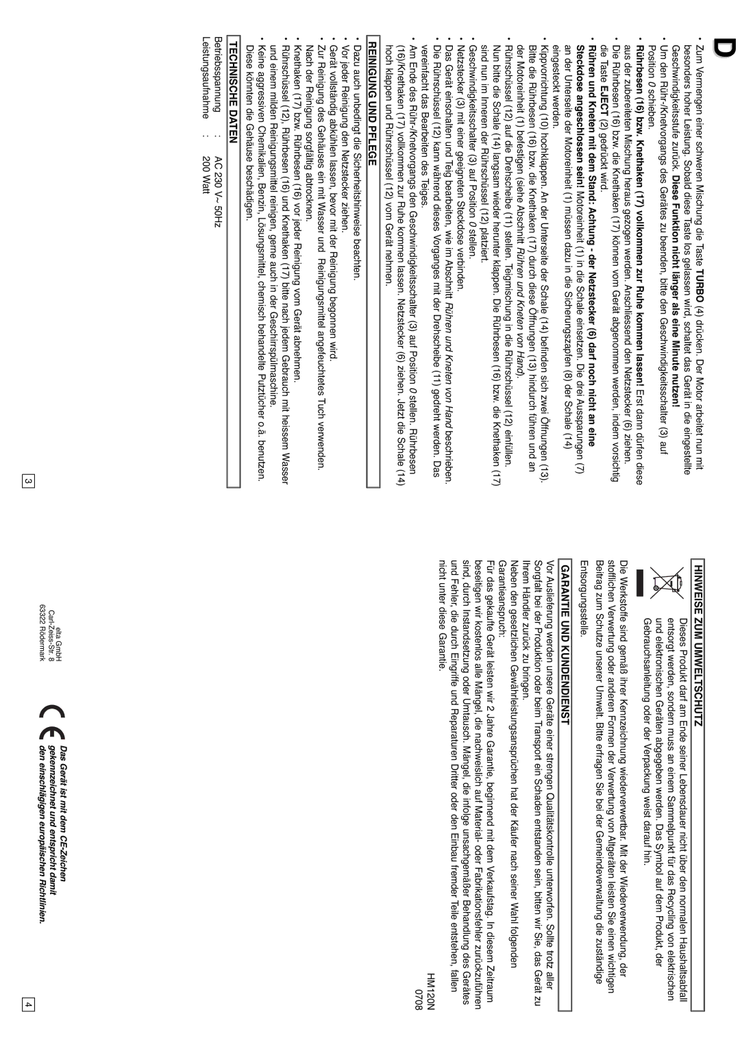 Elta HM120N instruction manual Reinigung UND Pflege, Technische Daten, Hinweise ZUM Umweltschutz, Garantie UND Kundendienst 