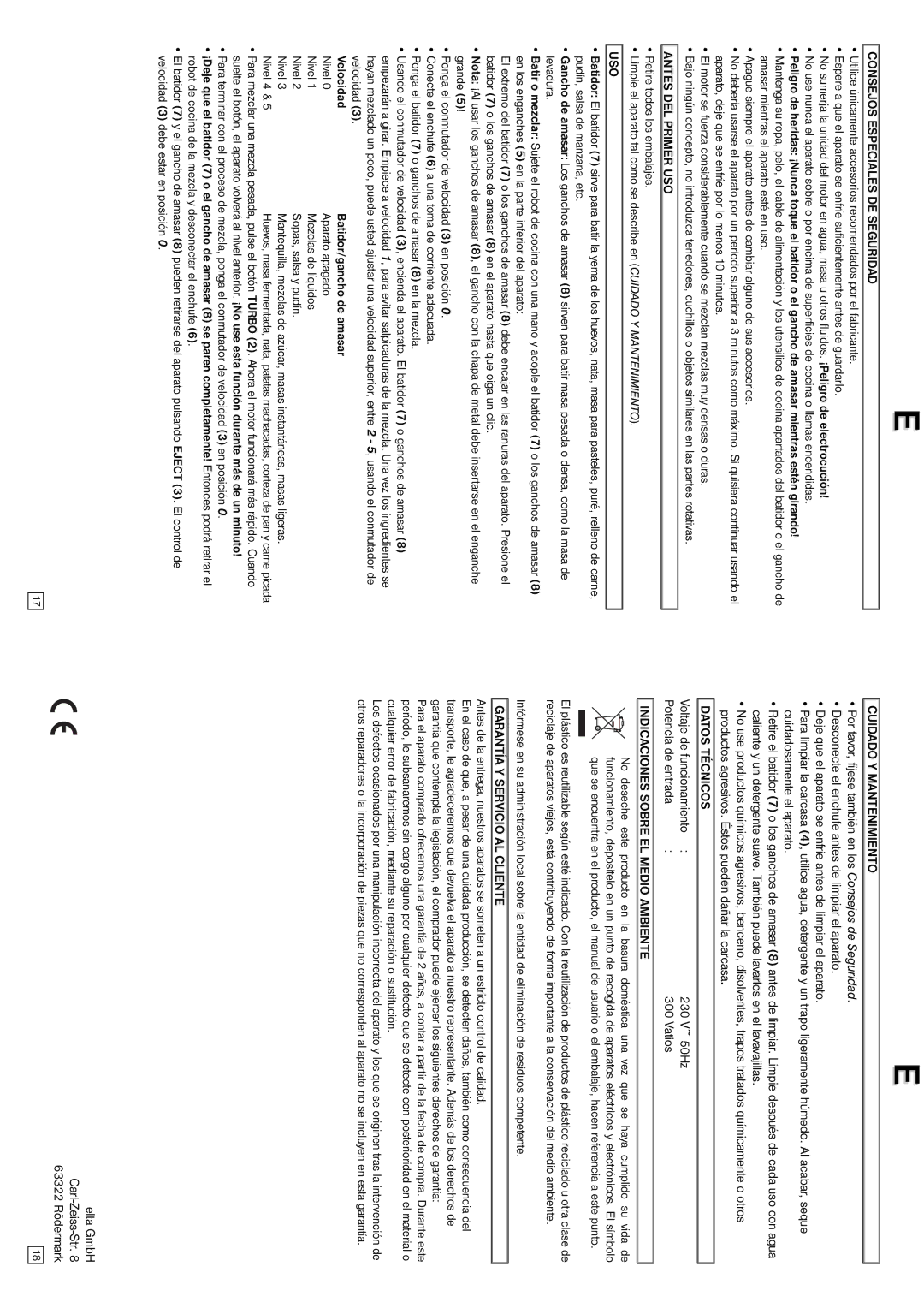 Elta HM211 Consejos Especiales DE Seguridad, Antes DEL Primer USO, Uso, Cuidado Y Mantenimiento, Datos Técnicos 