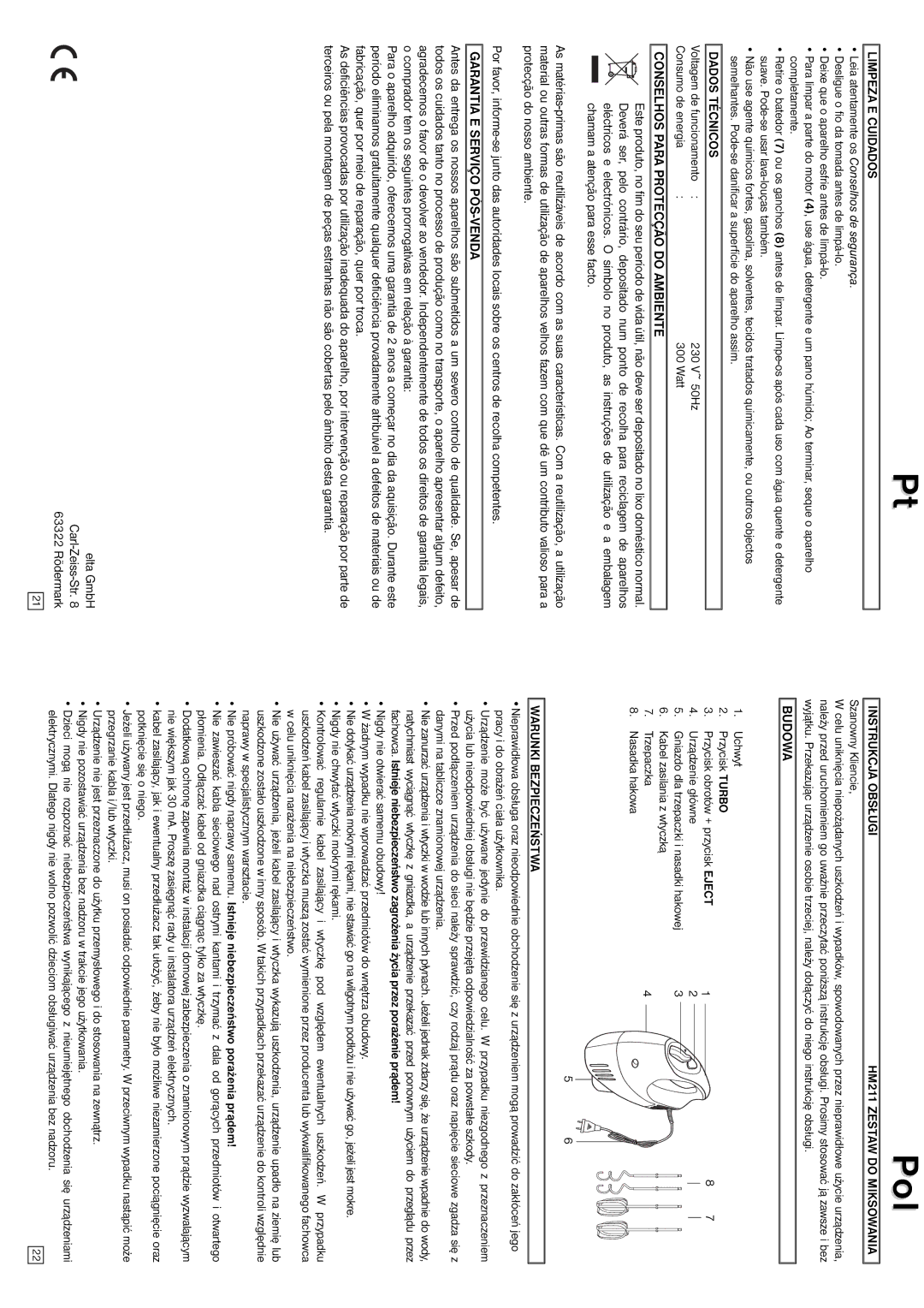 Elta HM211 Limpeza E Cuidados, Dados Técnicos, Conselhos Para Protecção do Ambiente, Garantia E Serviço PÓS-VENDA, Budowa 
