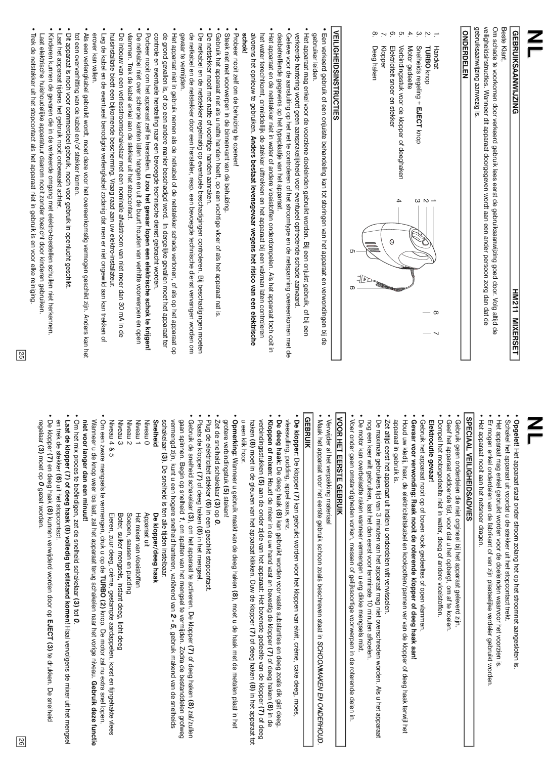 Elta Gebruiksaanwijzing HM211 Mixerset, Onderdelen, Veiligheidsinstructies, Speciaal Veiligheidsadvies 