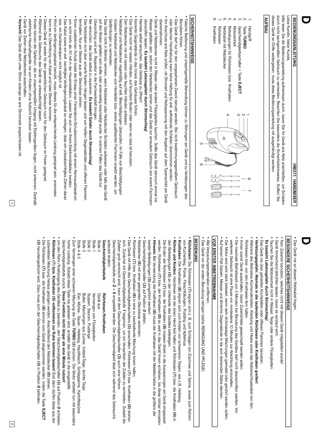 Elta Bedienungsanleitung HM211 Handmixer, Aufbau, Besondere Sicherheitshinweise, VOR Erster Inbetriebnahme 