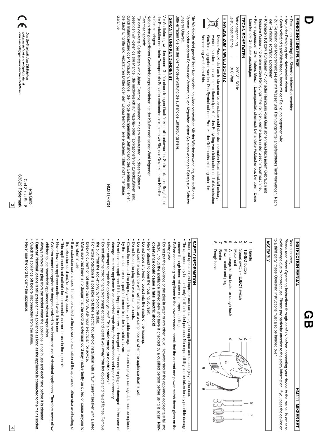 Elta Reinigung UND Pflege, Technische Daten, Hinweise ZUM Umweltschutz, Garantie UND Kundendienst, HM211 Mikser SET 