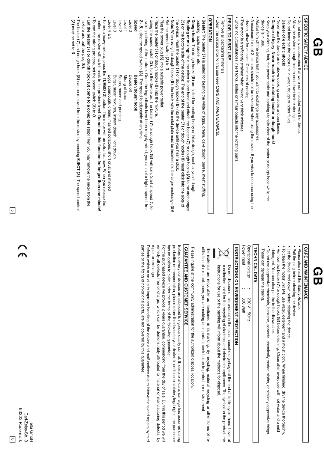 Elta HM211 instruction manual Specific Safety Advice, Prior to First USE, Operation, Care and Maintenance, Technical Data 