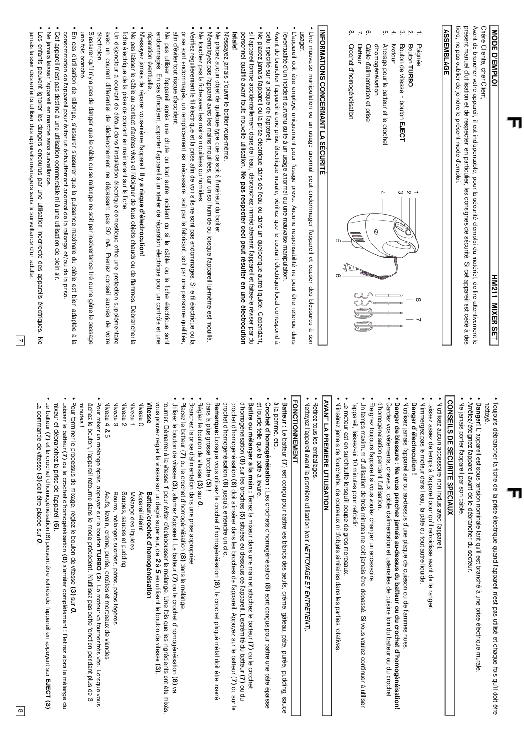 Elta Mode D’EMPLOI HM211 Mixer SET, Assemblage, Informations Concernant LA Sécurité, Conseils DE Securite Speciaux 