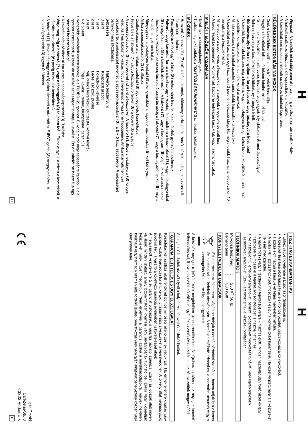 Elta HM211 Különleges Biztonsági Tanácsok, Mielőtt Először Használná, Működés, Tisztítás ÉS Karbantartás, Technikai Adatok 