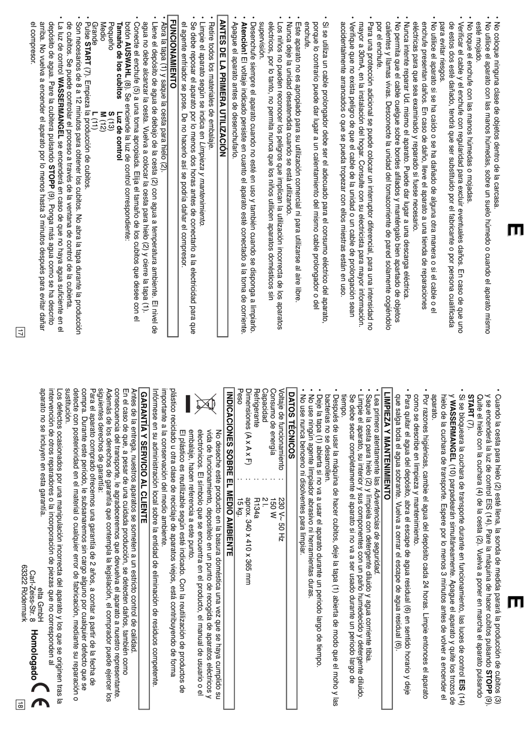 Elta IC300 instruction manual Antes DE LA Primera Utilización, Funcionamiento, Limpieza Y Mantenimiento, Datos Técnicos 